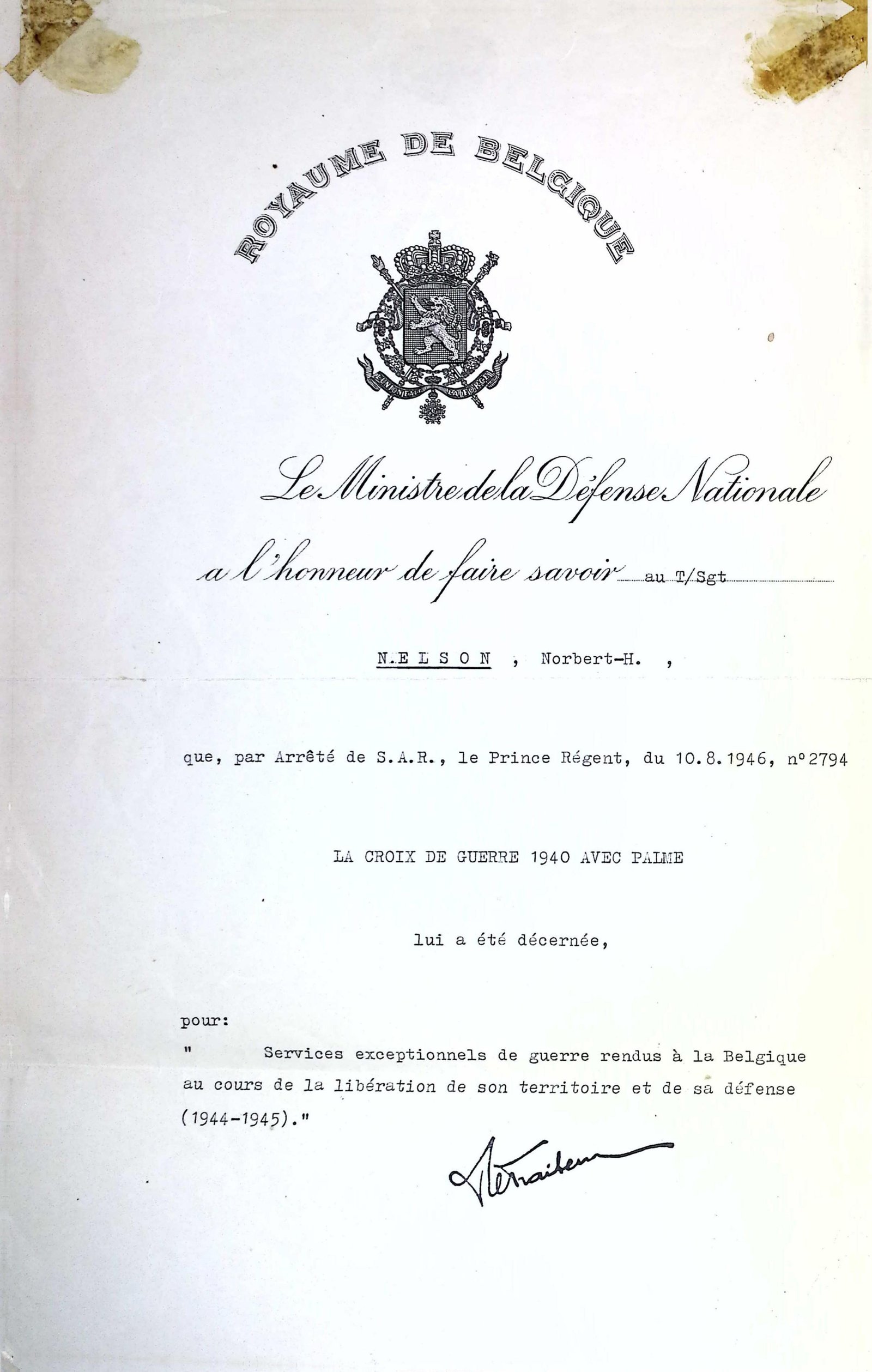 Belgian Croix de Guerre citation, 1946