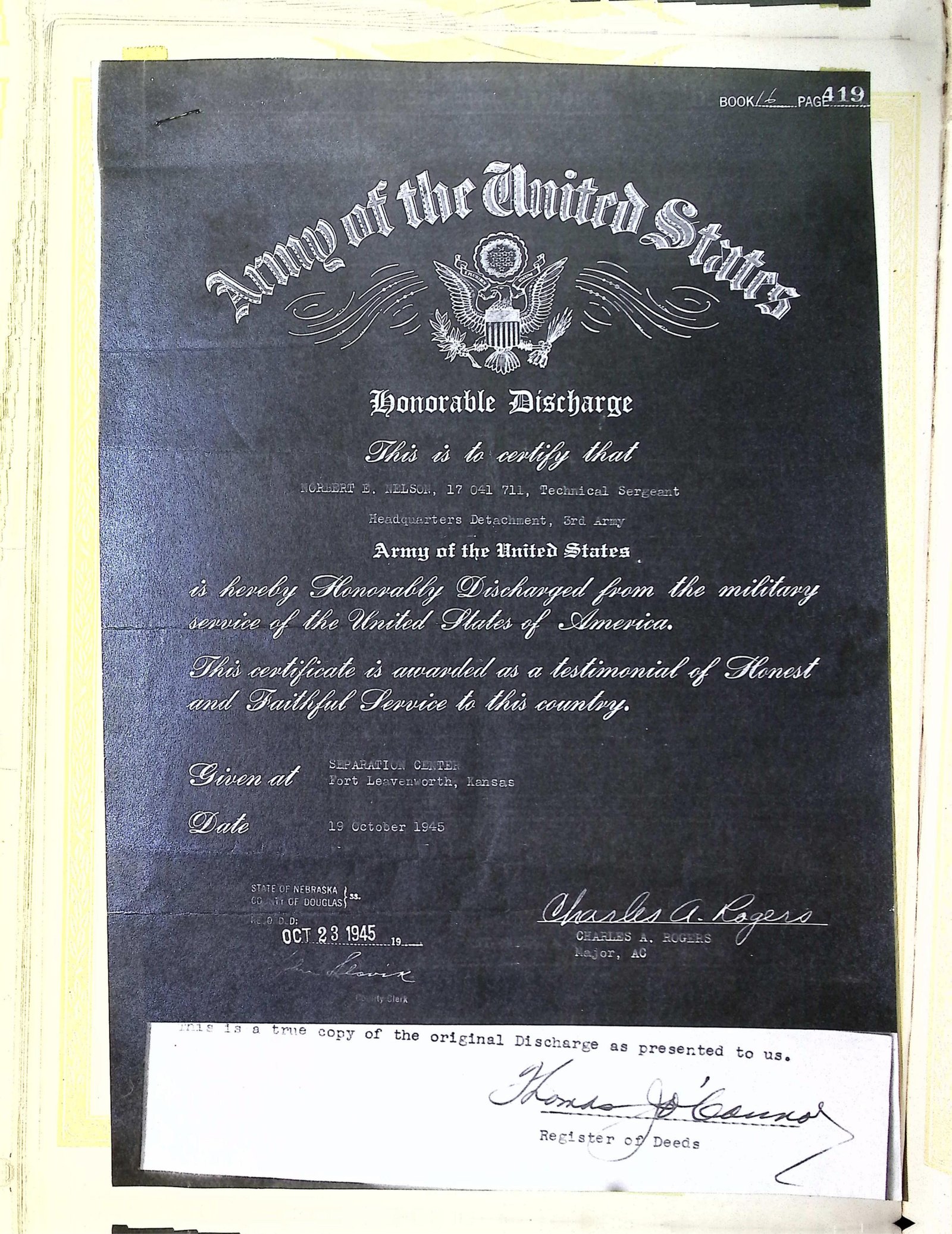 Honorable Discharge certificate, October 1945