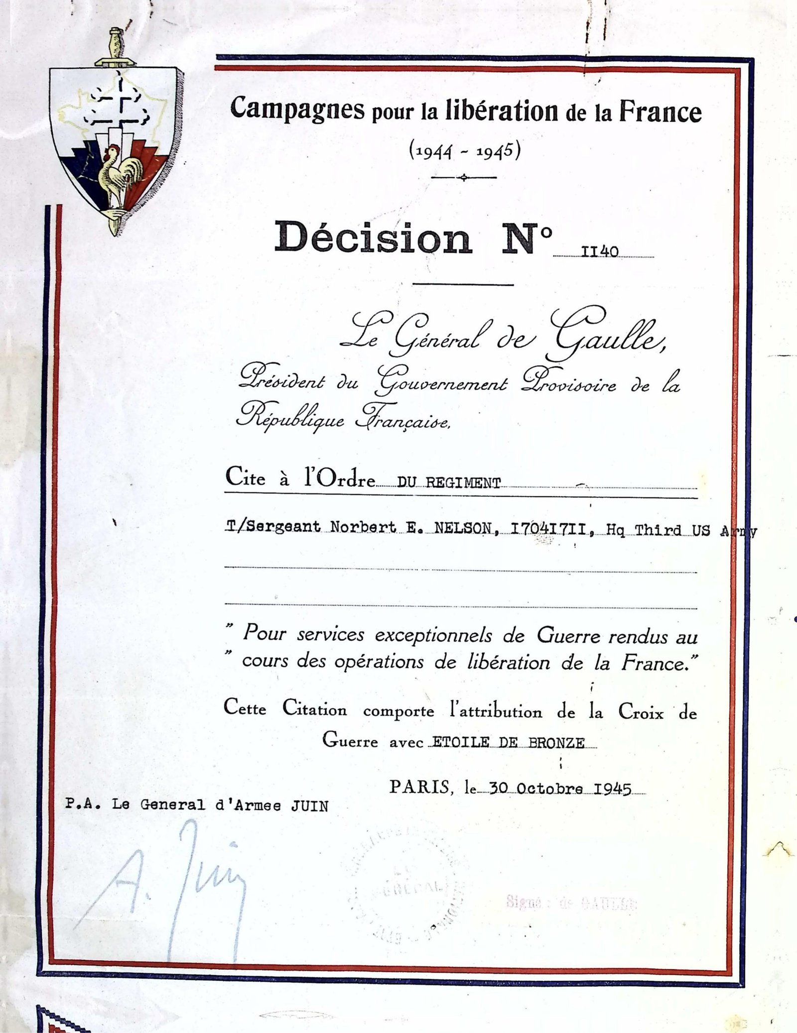 French Croix de Guerre citation, Paris, October 1945